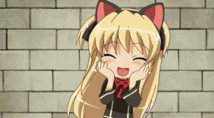 a blonde anime girl with cat ears and a red bow