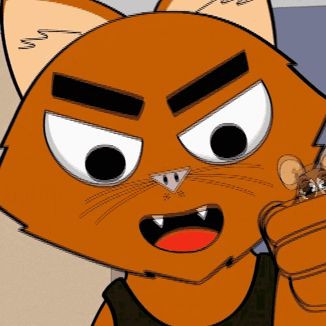 a close up of a cartoon cat 's face with a mouse in its mouth