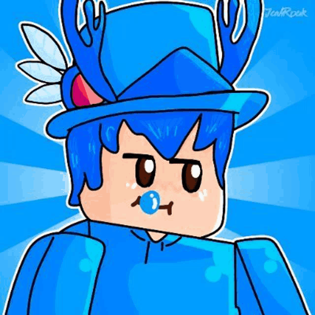 a cartoon of a boy wearing a blue hat with wings and a bubble in his mouth .