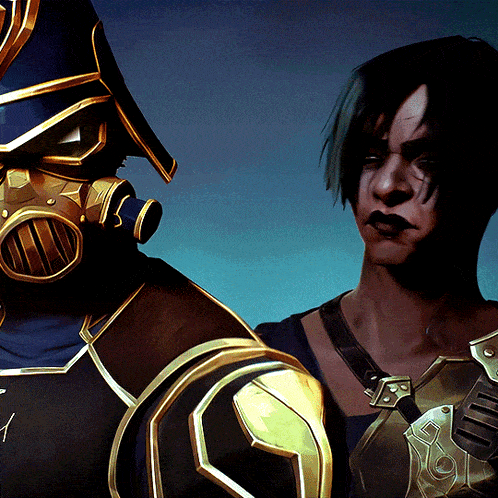 a man wearing a gas mask is standing next to a woman