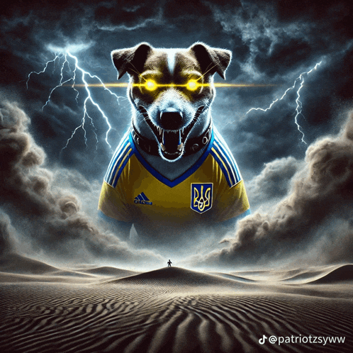 a dog wearing a yellow and blue adidas shirt