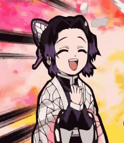 a cartoon girl with purple hair and a butterfly on her head is laughing and smiling .