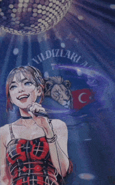 a woman singing into a microphone with a disco ball in the background and the word " yildizlari " on the top