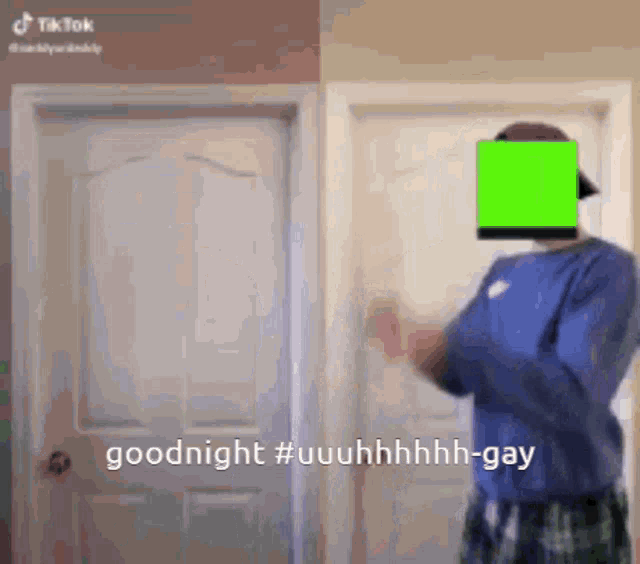 a man with a green screen on his face is standing in front of a door