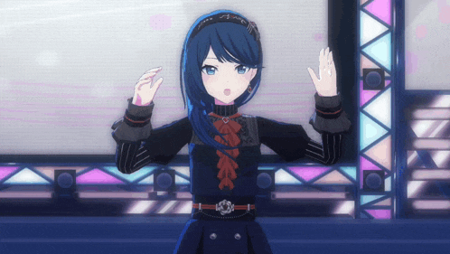 a girl with blue hair is wearing a black dress and a headband