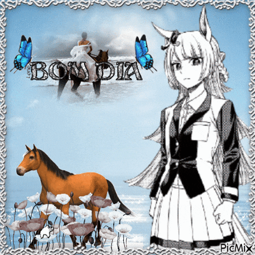 a picture of a girl standing next to a horse with the words bom dia in the background