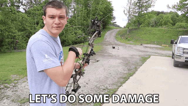 a man holding a bow and arrow with the words let 's do some damage above him