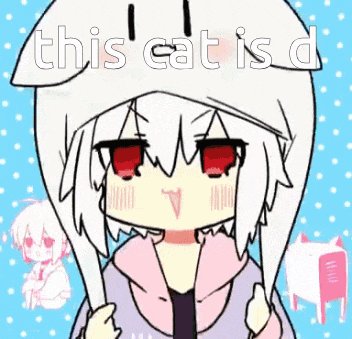 a drawing of a girl with red eyes and the words this cat is dead