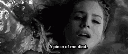 a black and white photo of a woman in the water with the words " a piece of me died " above her