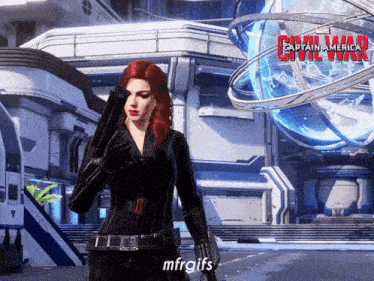 a woman in a black suit stands in front of a building that says captain america civil war