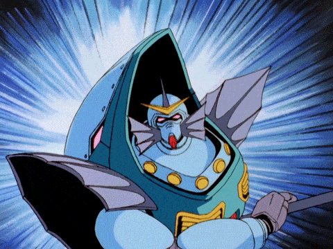 a cartoon drawing of a blue robot with a sword and shield