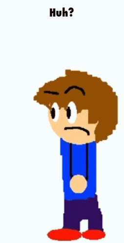 a cartoon character with a question mark in a speech bubble says huh