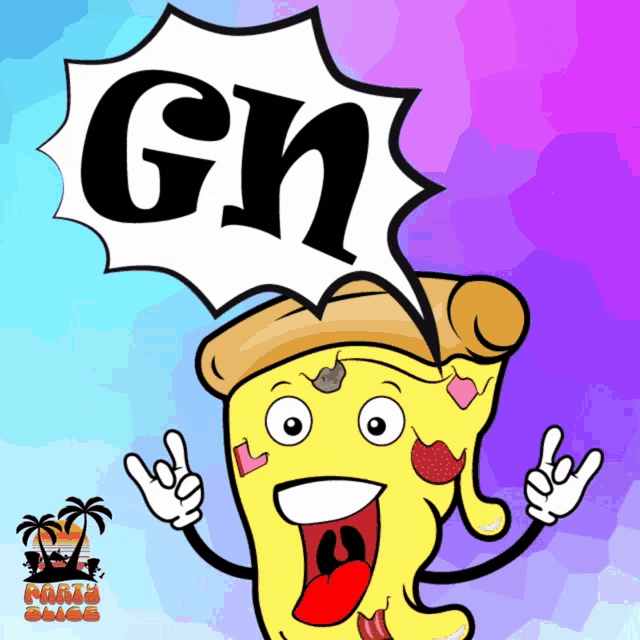 a cartoon of a pizza with a speech bubble that says gn