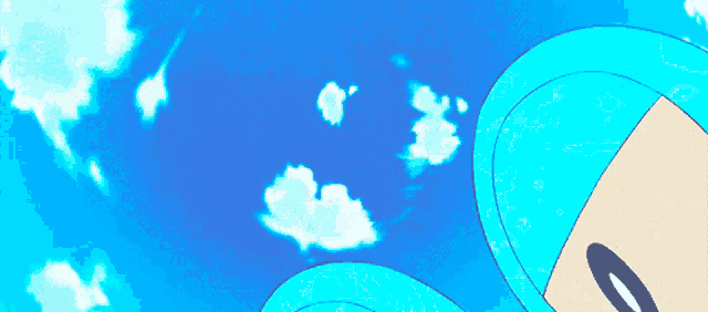 a cartoon character with blue hair is looking up at the sky with clouds