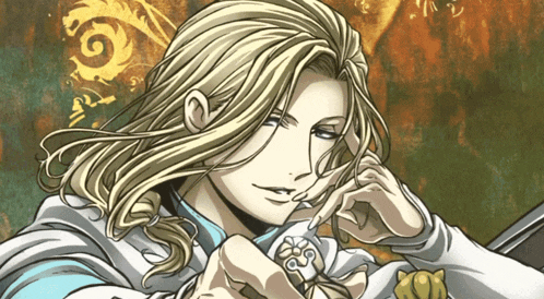 a drawing of a man with long blonde hair has the letter g on his forehead