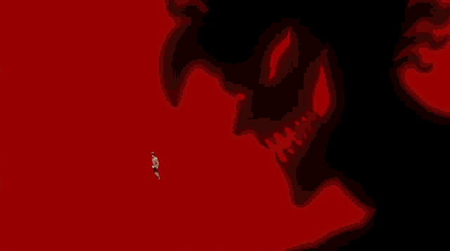 a person is standing in front of a demon with a red background