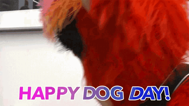 a red stuffed animal with the words happy dog day on the bottom