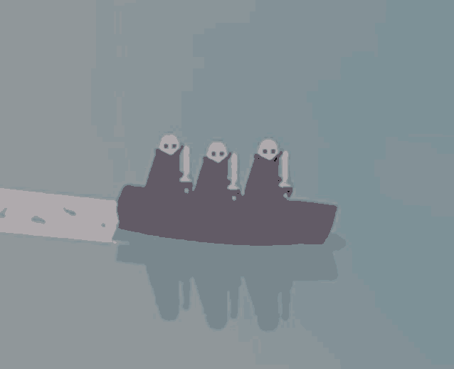 a group of ghosts in a boat with swords in the water
