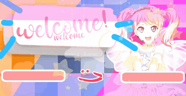 a welcome sign with a girl in a white dress on it