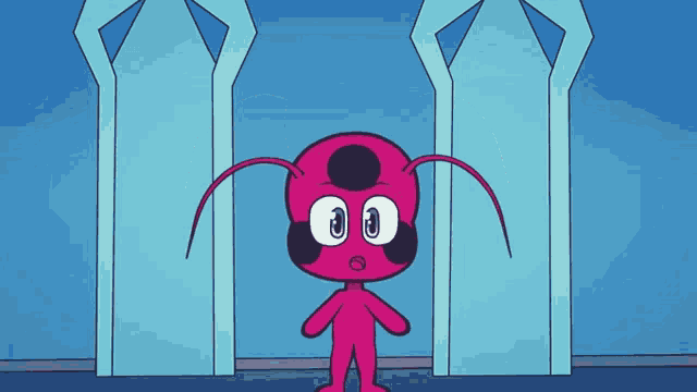 a pink cartoon character with big eyes is standing in front of two blue pillars