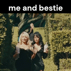 a couple of women standing next to each other with the words me and bestie written on the bottom .