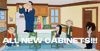 a cartoon of a family sitting around a table with the caption all new cabinets