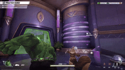 a video game shows a green hulk in a room with a practice range