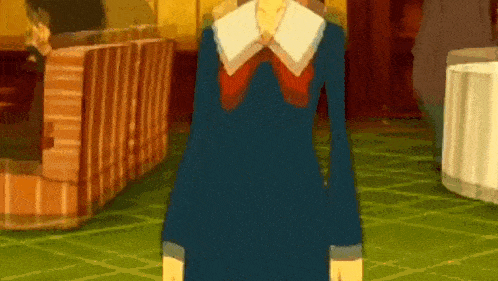 a girl in a blue dress with a white collar
