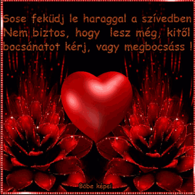 a red heart is surrounded by red flowers on a black background with a quote