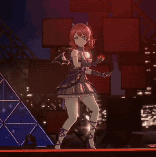 a pixel art of a girl with red hair and horns holding a red rose