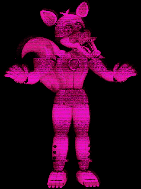 a pink fox is glowing in the dark with its mouth open