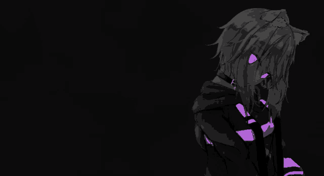 a black anime character with purple eyes and a hoodie