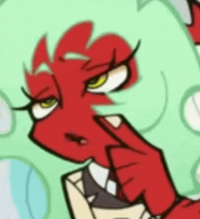 a close up of a cartoon character with green hair and red gloves .