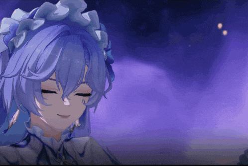 a girl with blue hair and a white headband is smiling