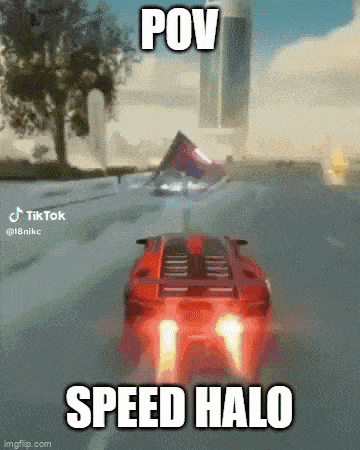 a red car is driving down a road in a video game with the caption pov speed halo