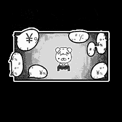 a black and white cartoon of a bear looking out of a window with chinese writing on it .