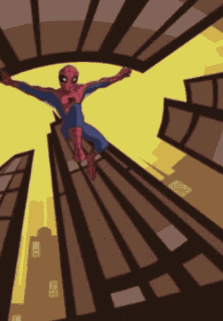 a cartoon of spider-man flying through a city
