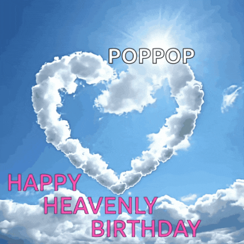 a happy heavenly birthday greeting card with a heart shaped cloud