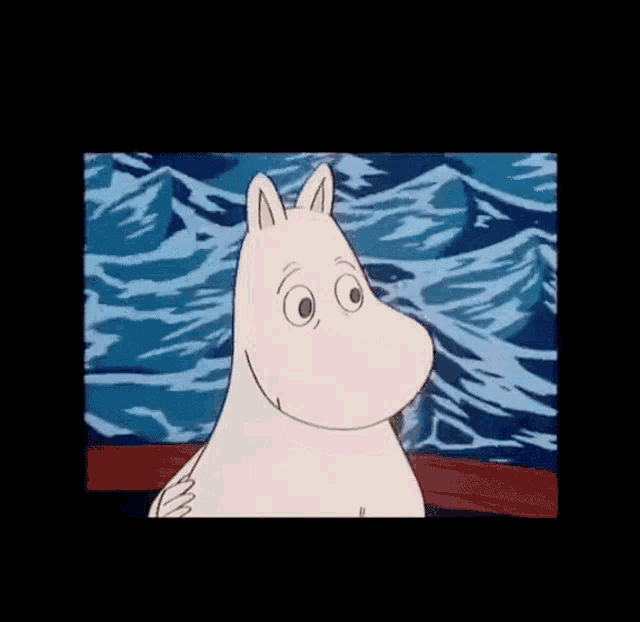 a cartoon character is smiling in front of a painting of waves
