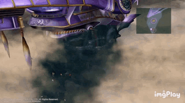 a purple airship is flying through the clouds in a video game .