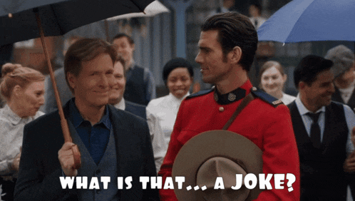 a man in a red uniform is holding an umbrella while another man says what is that ... a joke
