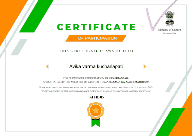 a certificate of participation for avika varma kucharlapiti
