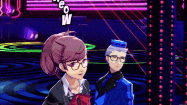 a man and a woman are standing in front of a neon sign that says " neo w "