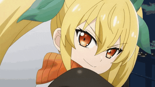 a girl with yellow hair and red eyes is wearing an orange scarf