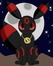 a black and red pokemon with a necklace is sitting in front of a full moon .