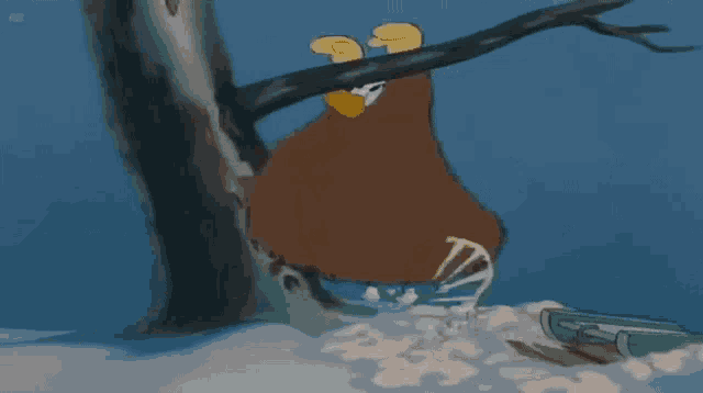 a cartoon character is swimming in the water next to a tree .