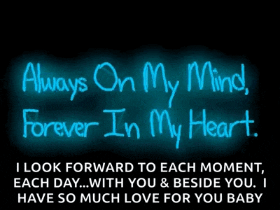 a neon sign that says " always on my mind forever in my heart " on a black background