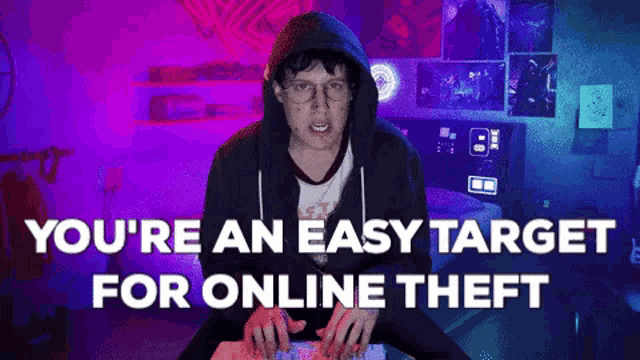 a man in a hoodie and glasses says you 're an easy target for online theft .