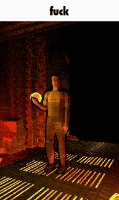 a man is standing in a dark room holding a torch and the word fuck is above him .
