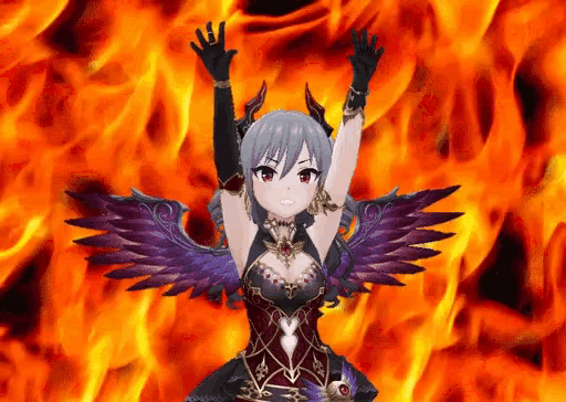a girl with wings is standing in front of a fire background